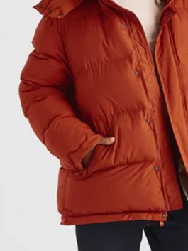 1920 Orange Puffer Jacket in bold orange parachute fabric with a removable hood and a clean zip-up silhouette built for cold weather style.