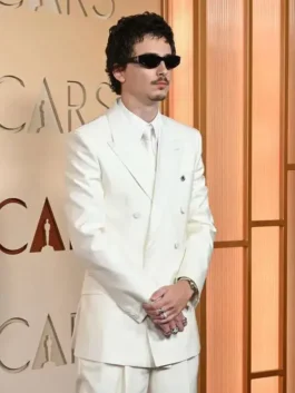 Timothee Chalamet Oscars White Suit in crisp white suiting fabric with a bold double breasted lapel and red carpet elegance.