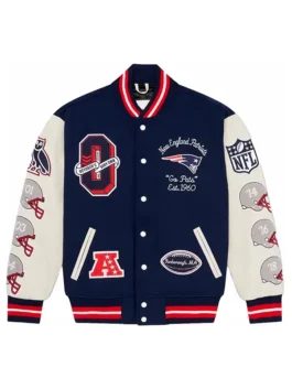 OVO New England Patriots Varsity Jacket in professional navy wool and luxury white leather sleeves.