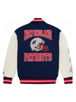 OVO New England Patriots Varsity Jacket back view highlighting professional embroidery and luxury tailored stitching.