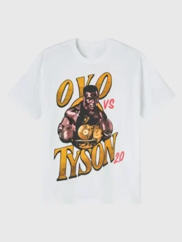 OVO Tyson Round 2 T Shirt in white lightweight fabric with a round neck collar, half sleeves and a bold OVO x Tyson Round 2 graphic throughout.