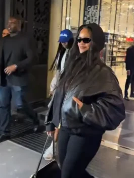 Rihanna Paris Black Oversized Leather Jacket from Paris 2026 in bold black real leather with a stand up collar and Rihanna's commanding oversized silhouette.