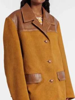 Paris 2026 Rihanna Miu Miu Mustard Suede Jacket in brown suede leather with button closure and shirt collar for statement fashion
