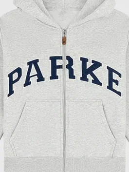 Parke Og Varsity Zip Up Grey Fleece Hoodie in warm grey fleece with a smooth zip closure and athletic cut.