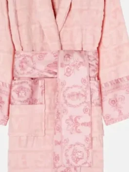 Pearl Toy Pink Versace Bathrobe in professional finish with luxury side pockets and open hem cuffs.