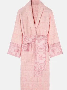 Pearl Toy Pink Versace Bathrobe in professional candy pink terry with luxury lapel style collar design.