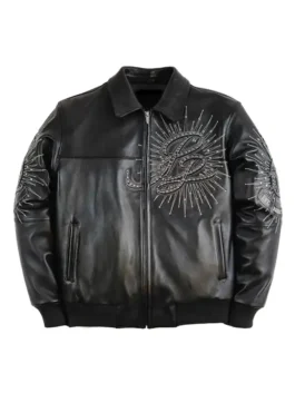 Pelle Pelle 48th Anniversary Black Jacket in rich black real leather with a shirt style collar, rib knitted cuffs and bold 48th anniversary streetwear detailing.