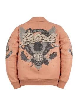 Pelle Pelle 48th Anniversary Jacket back view in bold pink real leather with striking anniversary detailing and a clean structured everyday silhouette throughout.