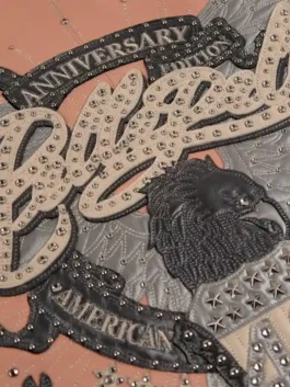 Pelle Pelle 48th Anniversary Jacket in vibrant pink real leather with a shirt collar, rib knitted cuffs and bold 48th anniversary streetwear detailing throughout.