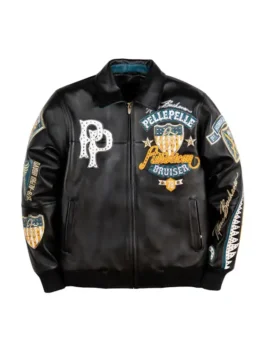 Pelle Pelle American Bruiser Jacket in bold black real leather with a shirt style collar, rib knitted cuffs and Pelle Pelle's legendary streetwear craftsmanship.