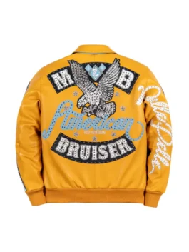 Pelle Pelle American Bruiser Yellow Jacket back view highlighting professional branding and luxury rib knitted hem.