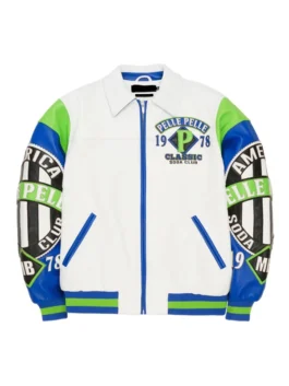 Pelle Pelle American Soda Club Jacket in bold white real leather with vibrant multicolor sleeves and a sharp zip-up Pelle Pelle streetwear silhouette.
