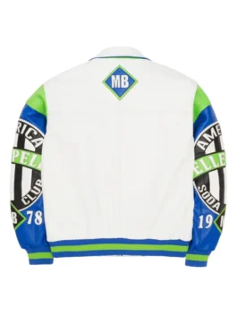 Pelle Pelle American Soda Club Jacket back view in white real leather with bold multicolor sleeves and striking American Soda Club streetwear detailing throughout.
