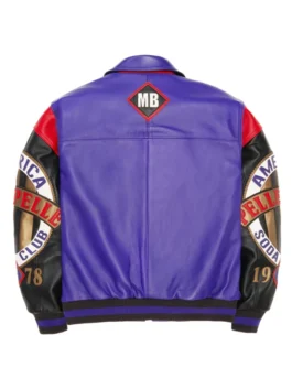 American Soda Club Pelle Pelle Jacket back view in rich purple real leather with bold multicolor sleeves and striking American Soda Club streetwear detailing.