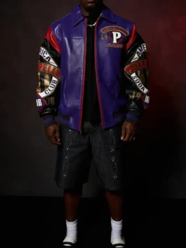 American Soda Club Pelle Pelle Jacket front view in rich purple real leather with bold multicolor sleeves and clean shirt collar Pelle Pelle streetwear detailing.