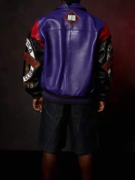 American Soda Club Pelle Pelle Jacket in striking purple real leather with vibrant multicolor sleeves and Pelle Pelle's iconic American Soda Club streetwear build.
