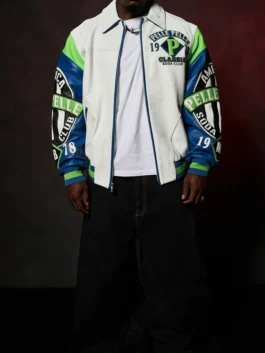 Pelle Pelle American Soda Club Jacket front view in white real leather with multicolor sleeves and bold American Soda Club streetwear detailing.