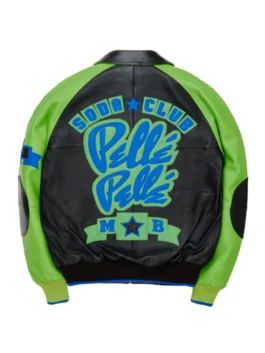 Pelle Pelle Classic Soda Club Jacket back view in bold black and green real leather with striking Soda Club detailing and a clean structured everyday silhouette.