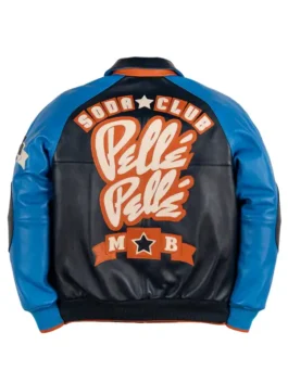 Pelle Pelle American Bruiser Yellow Jacket back view highlighting professional branding and luxury rib knitted hem.