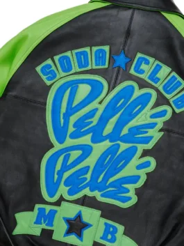 Pelle Pelle Classic Soda Club Jacket in striking black and green plush real leather with rib knitted cuffs and bold Pelle Pelle Soda Club streetwear legacy.