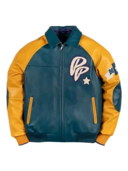 Pelle Pelle Classic Soda Club Plush Jacket in bold teal and yellow real leather with a shirt collar and Pelle Pelle's legendary Soda Club streetwear identity.