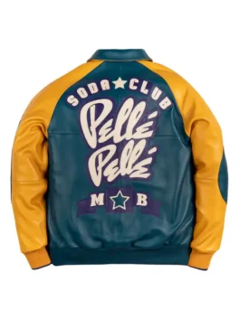 Pelle Pelle Classic Soda Club Plush Jacket back view in vibrant teal and yellow real leather with bold Soda Club detailing and a clean structured silhouette.