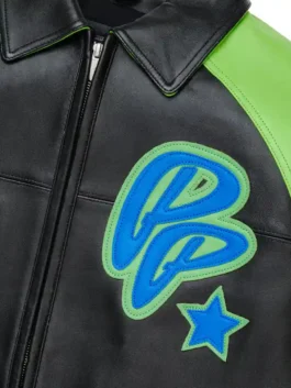 Pelle Pelle Classic Soda Club Jacket in bold black and green real leather with a shirt collar and Pelle Pelle's timeless streetwear craftsmanship.