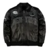 Pelle Pelle New York Knicks Black Leather Jacket in rich black real leather with a shirt collar, rib knitted cuffs and bold New York Knicks streetwear detailing.