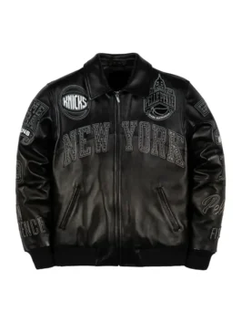 Pelle Pelle New York Knicks Black Leather Jacket in rich black real leather with a shirt collar, rib knitted cuffs and bold New York Knicks streetwear detailing.