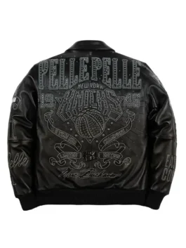 Pelle Pelle New York Knicks Black Leather Jacket back view in sleek black real leather with bold Knicks collab detailing and a clean structured everyday silhouette.