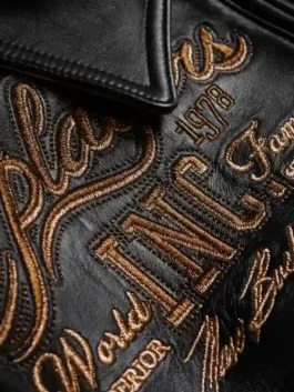 Pelle Pelle Players Inc Jacket with bold embroidered detailing in black real leather and Pelle Pelle's signature Players Inc streetwear craftsmanship throughout.