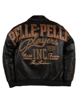 Pelle Pelle Players Inc Jacket back view in bold black real leather with striking Players Inc detailing and a clean structured everyday streetwear silhouette.