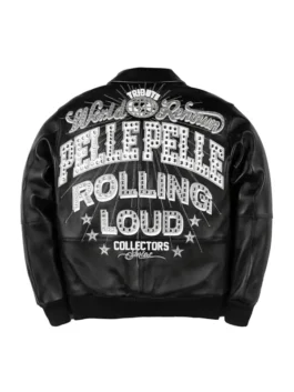 Pelle Pelle Rolling Loud Jacket back view in bold black real leather with striking Rolling Loud collab detailing and a clean structured streetwear silhouette.