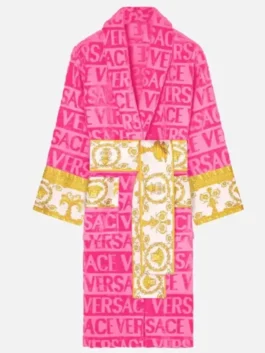 Versace Pink Robe featuring professional fabric panels and a luxury belted closure.