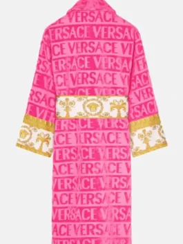 Versace Pink Robe back view in professional blush terry with luxury lapel style collar design.