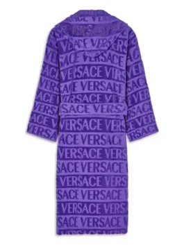 Versace Purple Robe back view in professional plum terry with luxury hooded collar design.