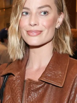 Ready or Not 2 Margot Robbie Jacket in rich brown real leather with a shirt collar and Margot Robbie's bold oversized movie event presence.