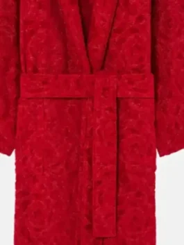 Versace Red Robe featuring professional fabric panels and a luxury belted closure.