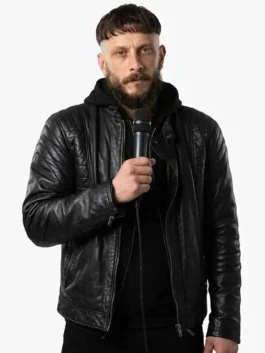 Richard Gadd Half Man Black Jacket in rich black real leather with a snap tab erect collar, zipper cuffs and Richard Gadd's fearless Half Man everyday character energy.