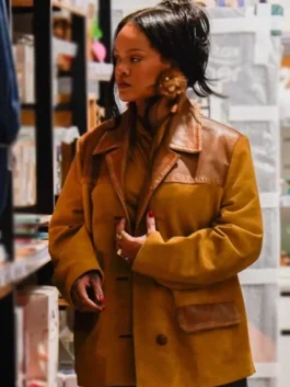 Rihanna Miu Miu Mustard Suede Jacket with suede leather texture, shirt style collar and button closure in premium fashion outerwear