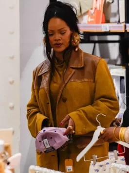 Rihanna Miu Miu Mustard Suede Jacket in suede leather with shirt collar and button front, celebrity fashion outerwear.