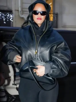 Rihanna Paris Black Oversized Leather Jacket in bold black real leather with a stand up collar and Rihanna's effortlessly cool Paris oversized everyday presence.