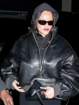 Rihanna Paris Black Oversized Leather Jacket front view in sleek black real leather with a stand up collar and Rihanna's bold Paris street style presence.