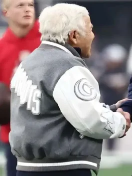 Robert Kraft New England Patriots Varsity Jacket in premium grey wool with luxury white leather sleeves.