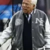 Robert Kraft New England Patriots Varsity Jacket featuring professional wool panels and a luxury buttoned closure.