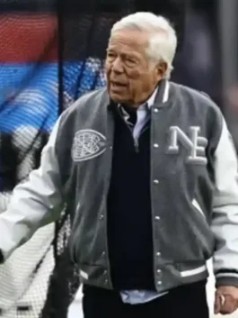 Robert Kraft New England Patriots Varsity Jacket featuring professional wool panels and a luxury buttoned closure.