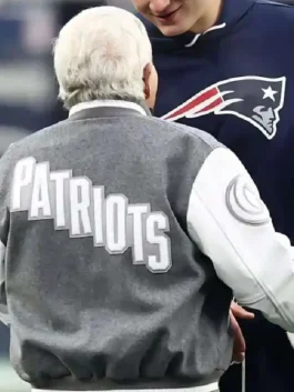 Robert Kraft New England Patriots Varsity Jacket back view highlighting professional grey finish and luxury ribbed hem.