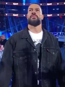 Roman Reigns Monday Night RAW 2026 Denim Jacket in sleek black with a clean shirt style collar and Roman Reigns's bold dominant RAW 2026 energy.
