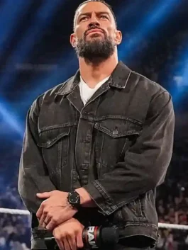 Roman Reigns Monday Night RAW 2026 Denim Jacket in bold black denim with a sharp shirt collar and the Tribal Chief's commanding on-screen presence.