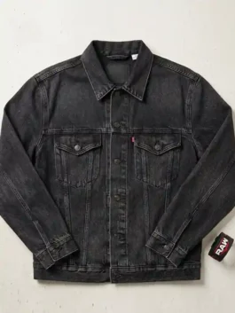 Roman Reigns Monday Night RAW 2026 Denim Jacket front view in bold black denim with button cuffs, shirt collar and a sharp structured everyday silhouette.